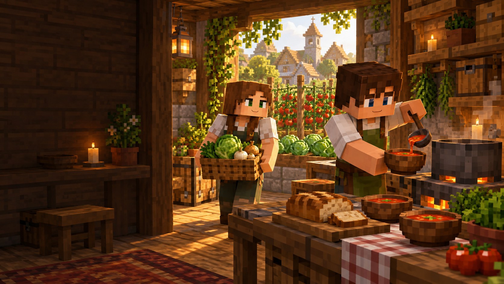 Cozinha de inspiração Minecraft em uma Moradia, com horta, utensílios e uma mesa preparada.