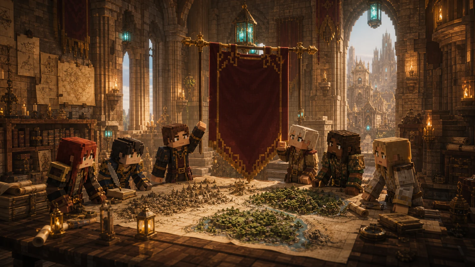 Arte de aventureiros reunidos em um salão de guilda