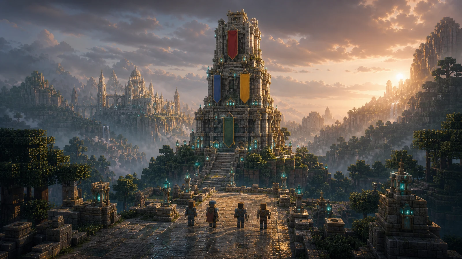 Arte de uma torre de pedra com estandartes coloridos sobre uma cidade de fantasia