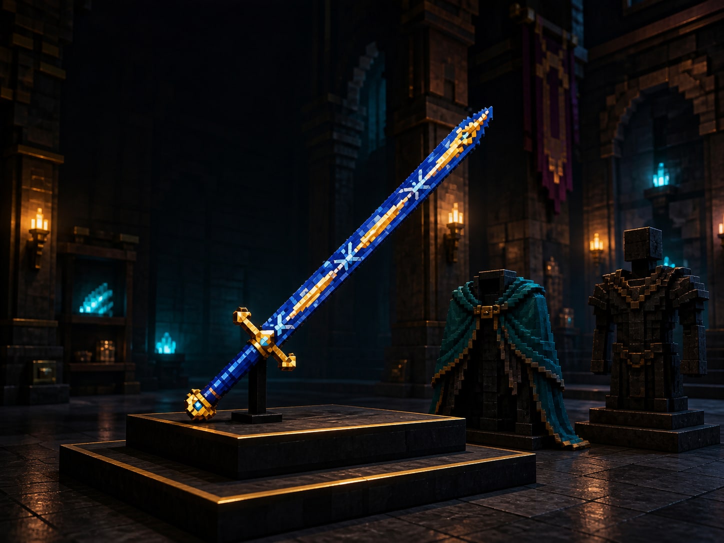 Excalibur Adormecida em uma galeria de armas e armaduras de Arceum