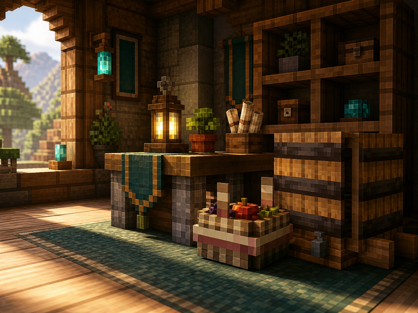 Cesta de frutas e barril decorativo em uma Moradia de Arceum