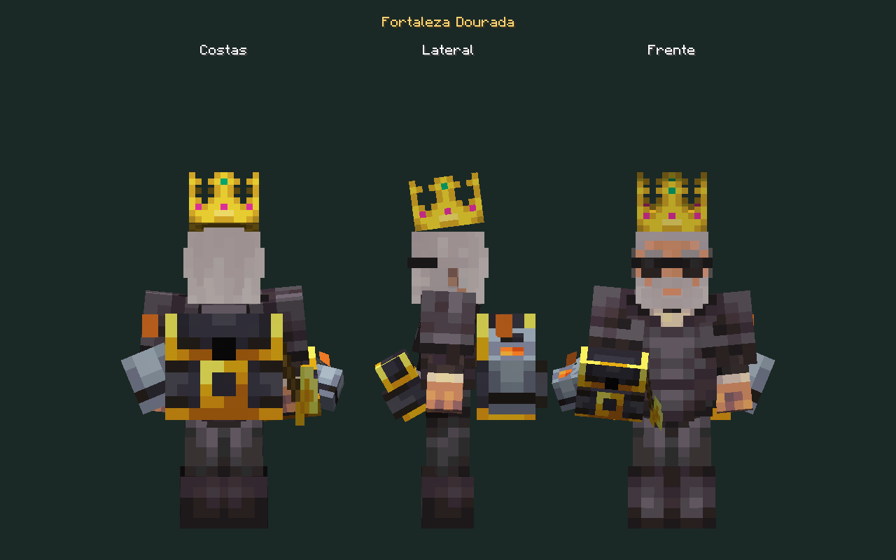 Skin de mochila Fortaleza Dourada no personagem, costas, lateral e frente
