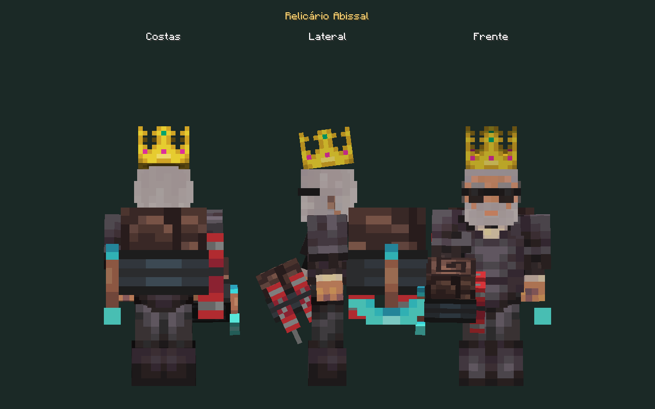 Skin de mochila Relicário Abissal no personagem, costas, lateral e frente