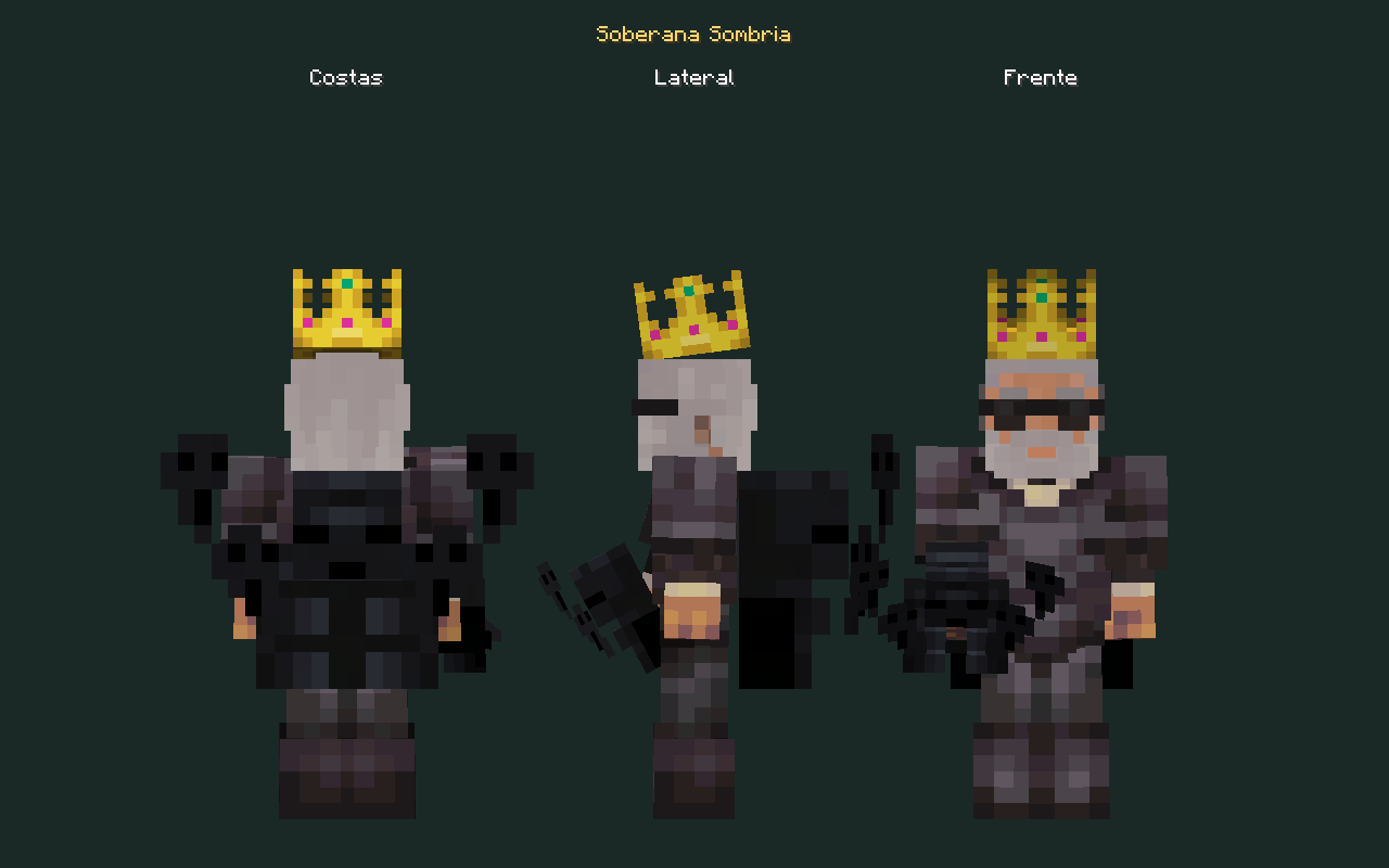 Skin de mochila Soberana Sombria no personagem, costas, lateral e frente