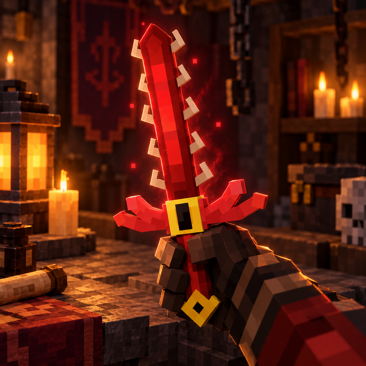 Aventureiro Minecraft explorando o arsenal de Arceum para encontrar Adaga Possuída