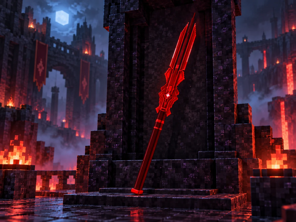 Aventureiro Minecraft explorando o arsenal de Arceum para encontrar Lança Sombria