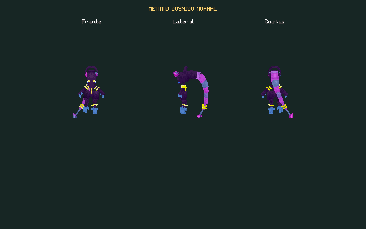 Mewtwo Cósmico: vistas reais de frente, lateral e costas