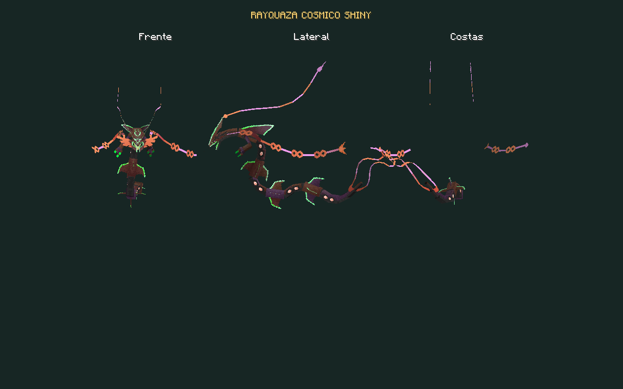 Rayquaza Cósmico Shiny: vistas reais de frente, lateral e costas
