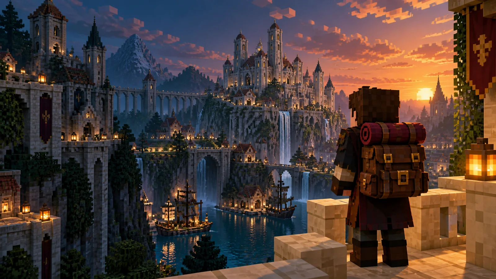 Arte da Patronagem: aventureiro com mochila contemplando a Capital ao pôr do sol
