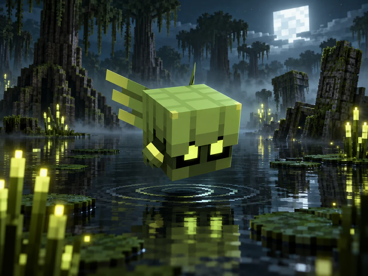 Lumino do Brejo em uma cena Minecraft inspirada em seu bioma