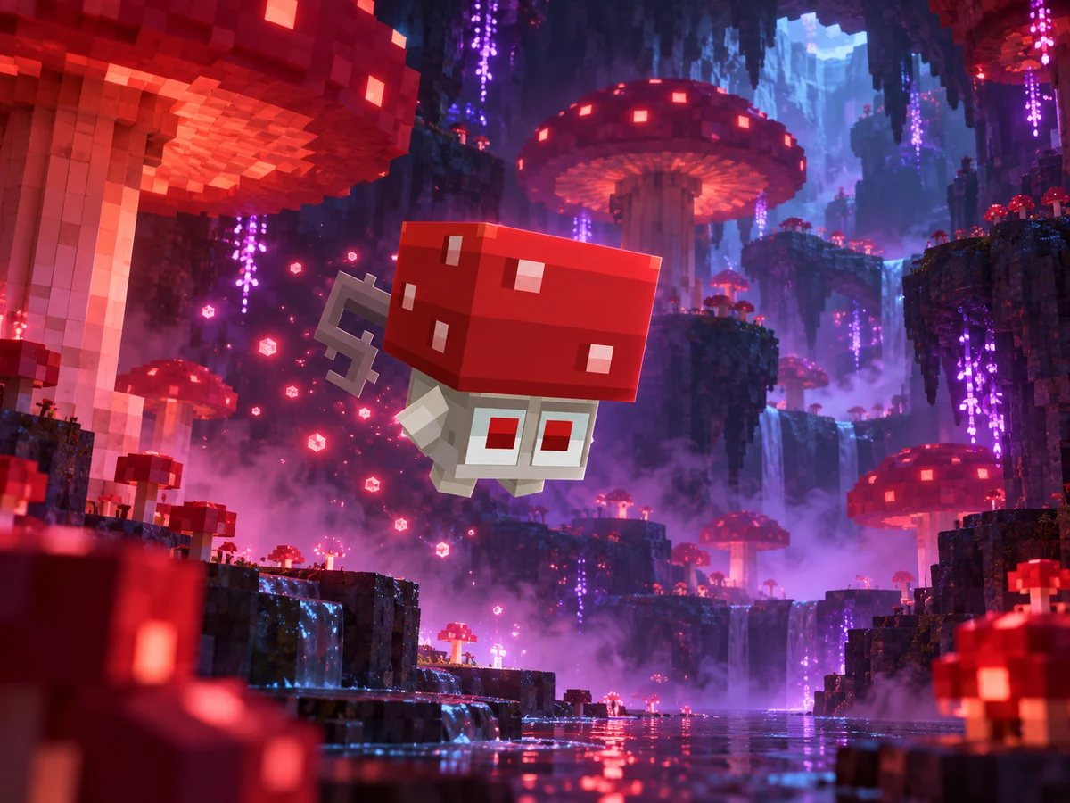 Lumino dos Cogumelos em uma cena Minecraft inspirada em seu bioma