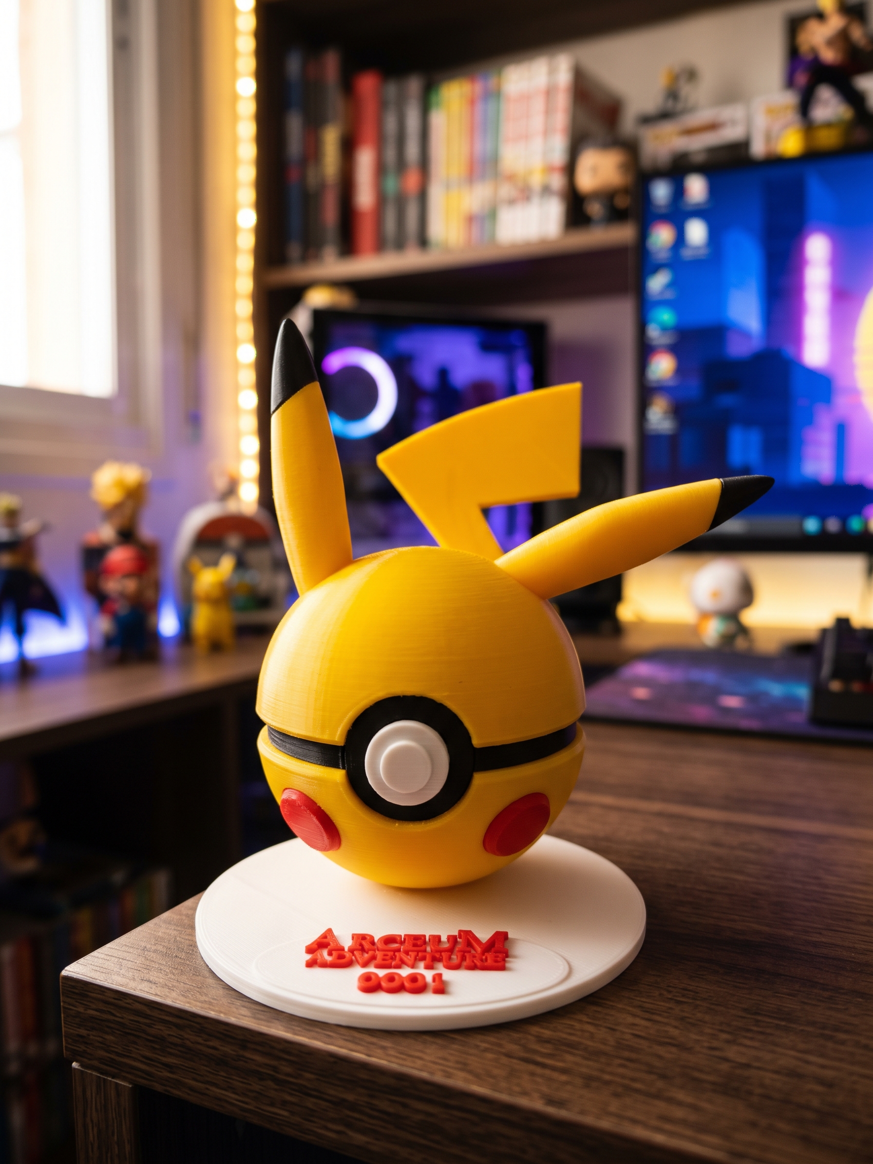 Pokébola Pikachu amarela com orelhas, bochechas vermelhas e cauda em raio, sobre uma base Arceum Adventure