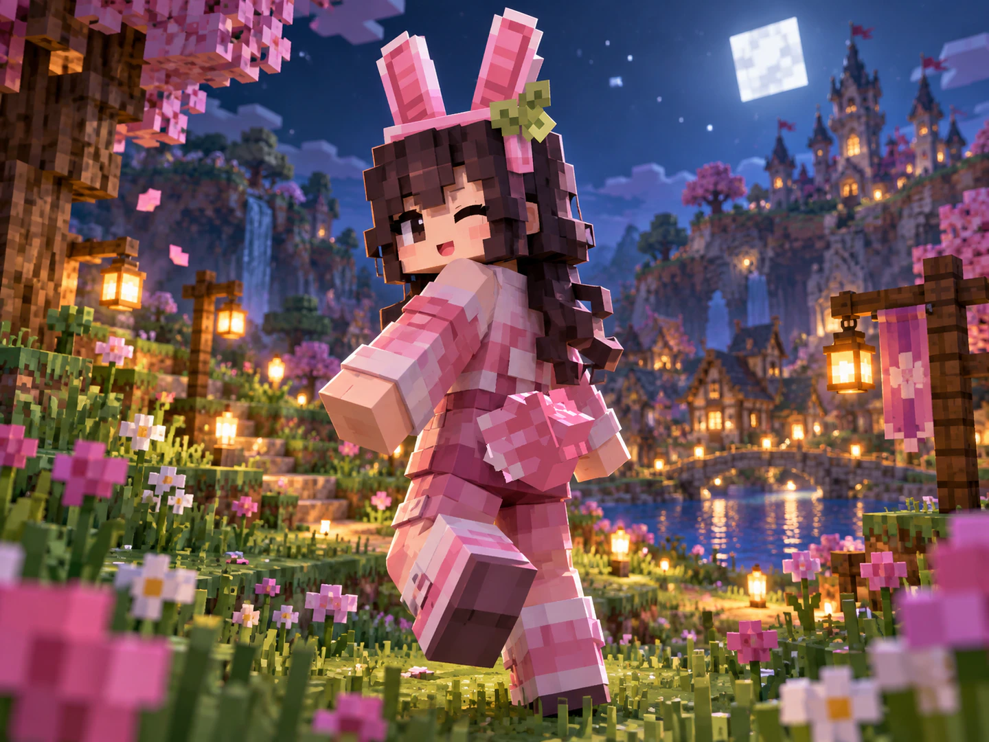 Personagem em estilo Minecraft usando o visual Feral coelho