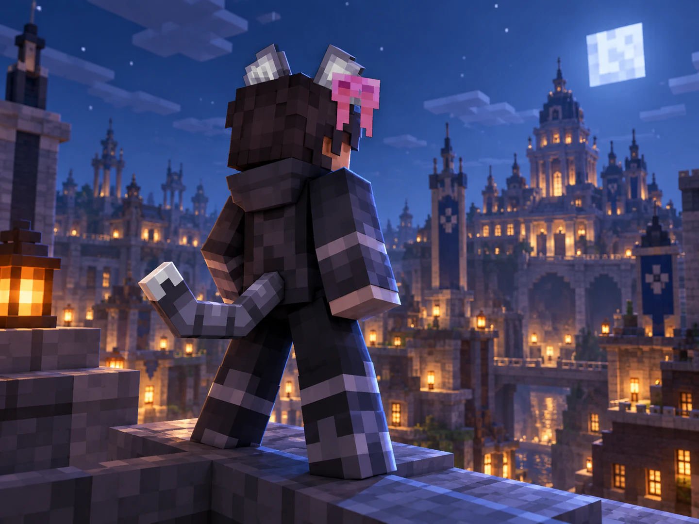 Personagem em estilo Minecraft usando o visual Feral gato