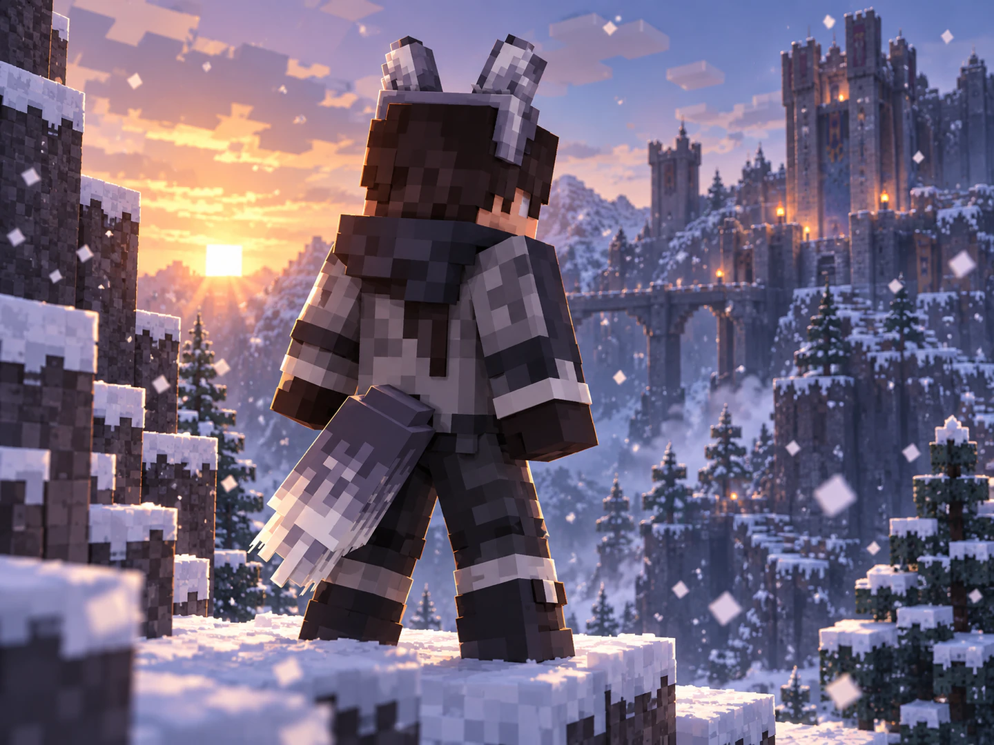Personagem em estilo Minecraft usando o visual Feral lobo
