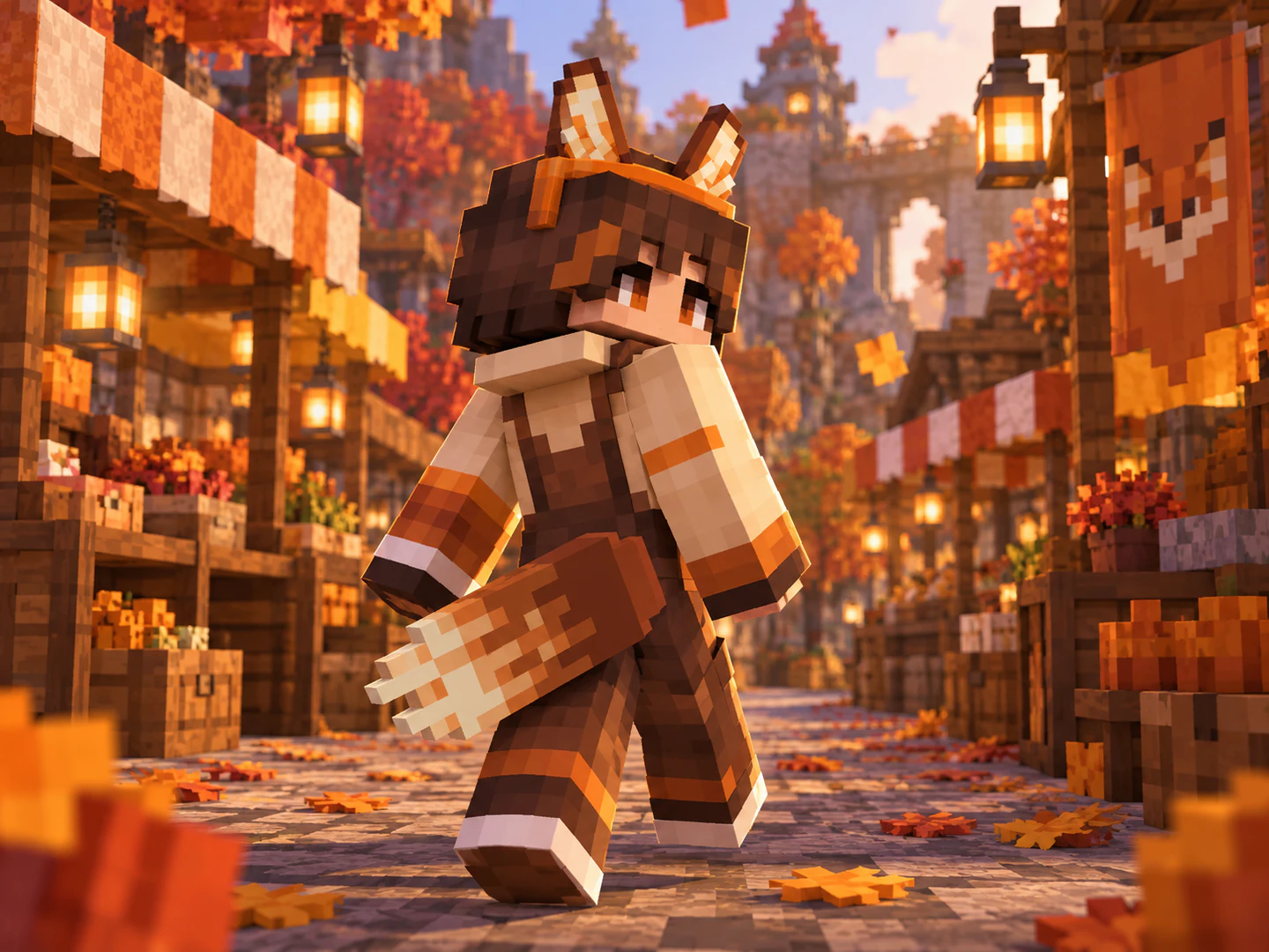 Personagem em estilo Minecraft usando o visual Feral raposa