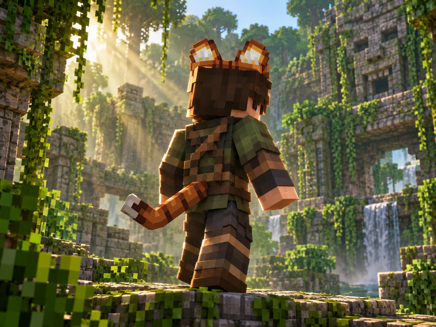 Personagem em estilo Minecraft usando o visual Feral tigre