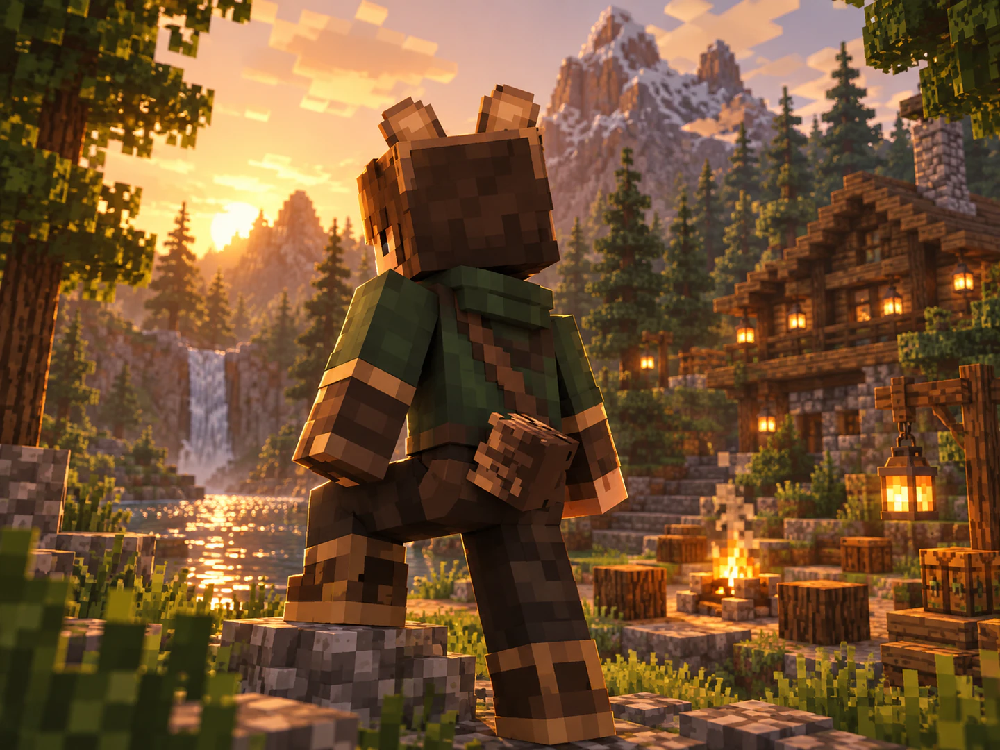 Personagem em estilo Minecraft usando o visual Feral urso