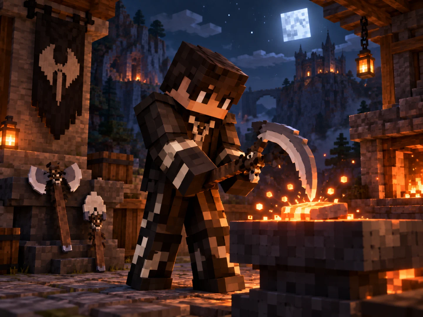 Personagem Minecraft sem capacete apresentando Enxada do Corvo