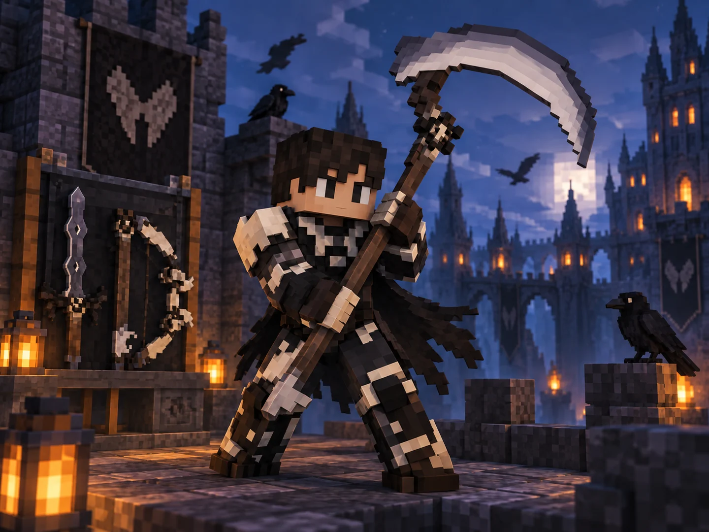 Personagem Minecraft sem capacete apresentando Arco do Corvo